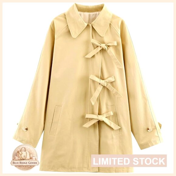 Jackets & Blazers - Long Sleeve Trench Coat Classic Elegant Loose Fit Bow Toggle Lapel Overcoat